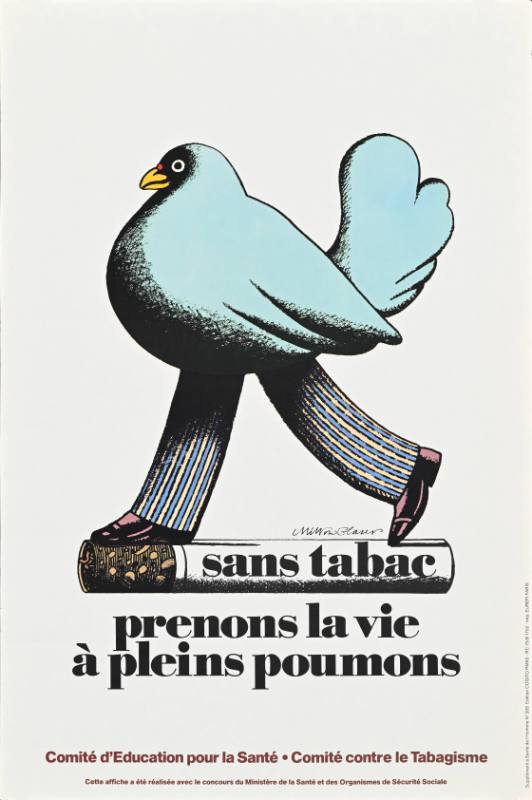 A poster of a blue chicken with human legs walking on top of a cigarette