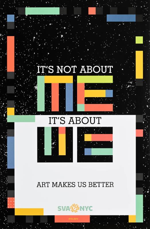 A poster of bold graphic text on a background covered in stars