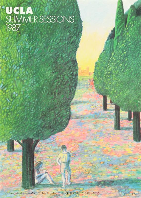 A poster of a man and woman sitting in a colorful forest with a city in the background