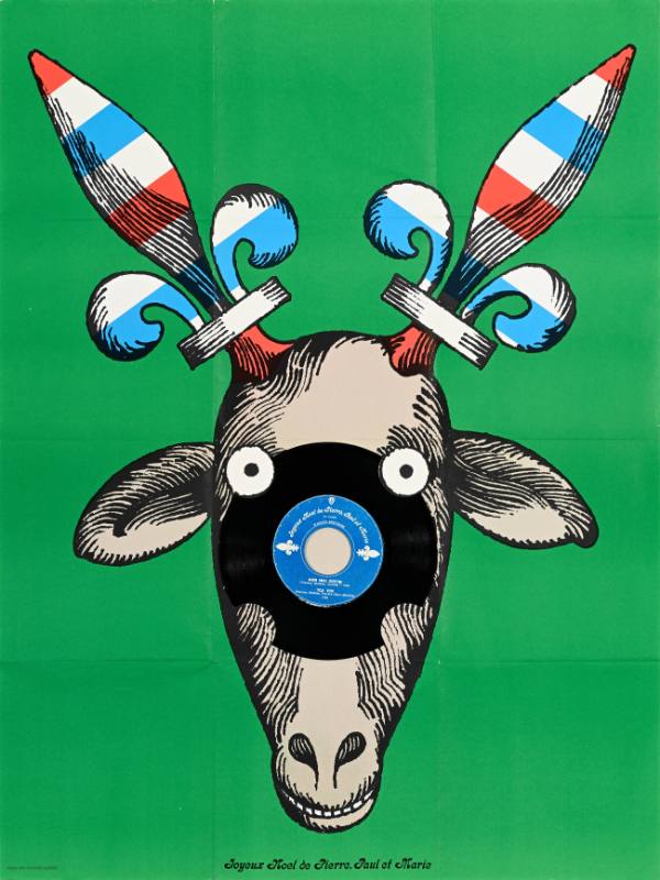 A poster of a colorful goat with a vinyl record inside its face