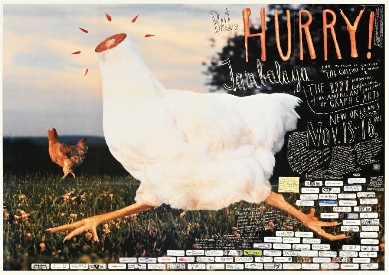 A poster of a headless chicken surrounded by handwritten text