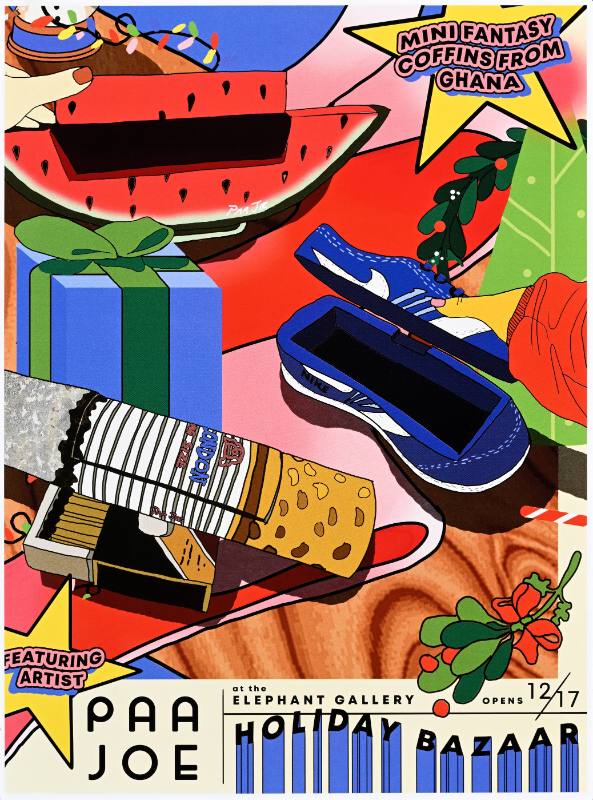 A poster of colorful boxes shaped like shoes, watermelon slices, and cigar boxes surrounded by sprigs of holly and mistletoe