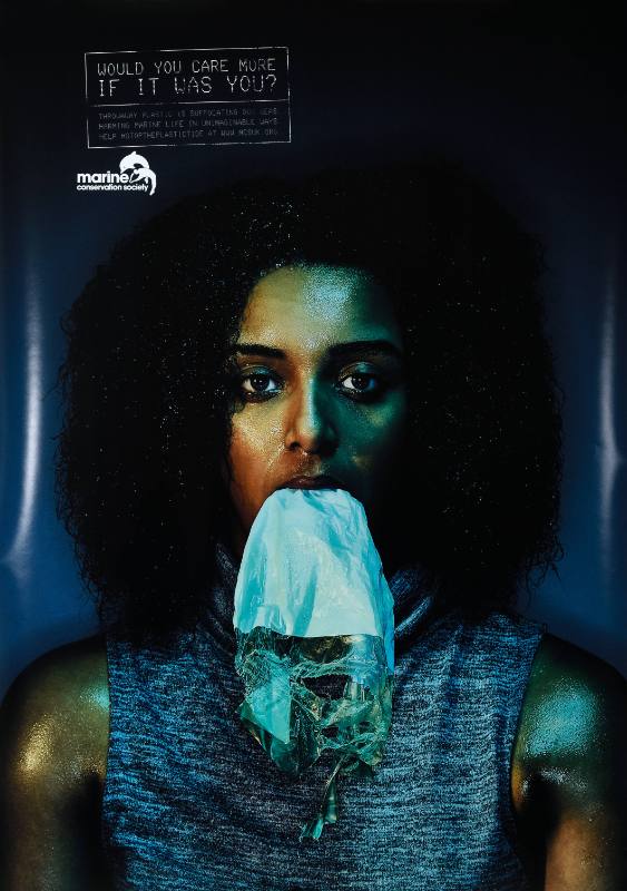 A poster of a woman choking on a plastic bag