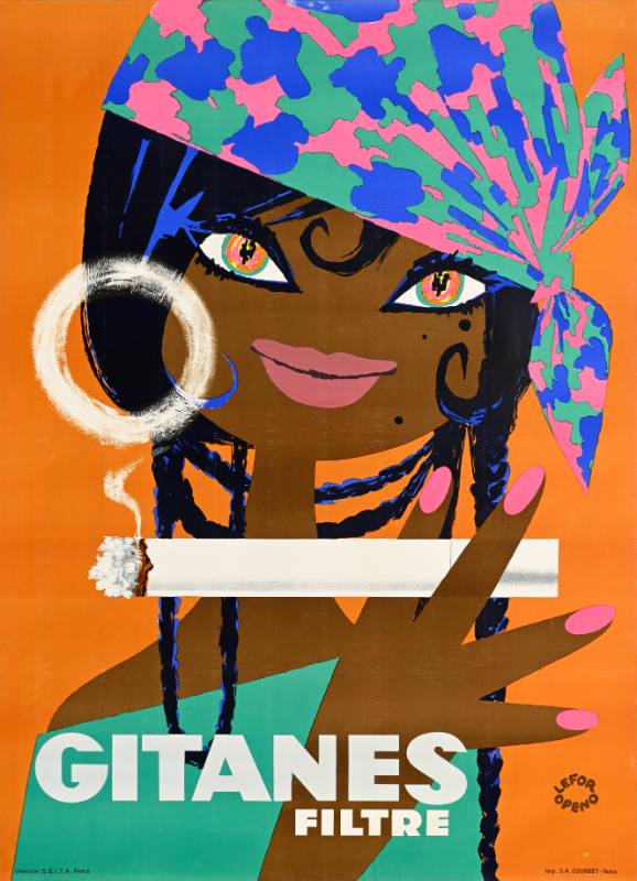 A poster of a cartoon Black woman with a headwrap smoking a cigarette