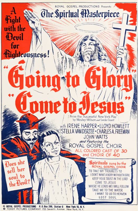 A poster of the devil holding the shoulder of a woman below a white man with a long beard with his arms outstretched