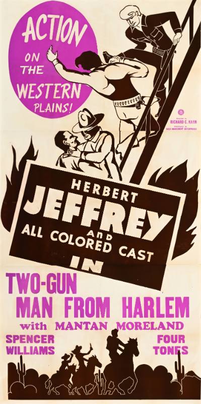A poster of men fighting on a ladder above cowboys riding on horseback