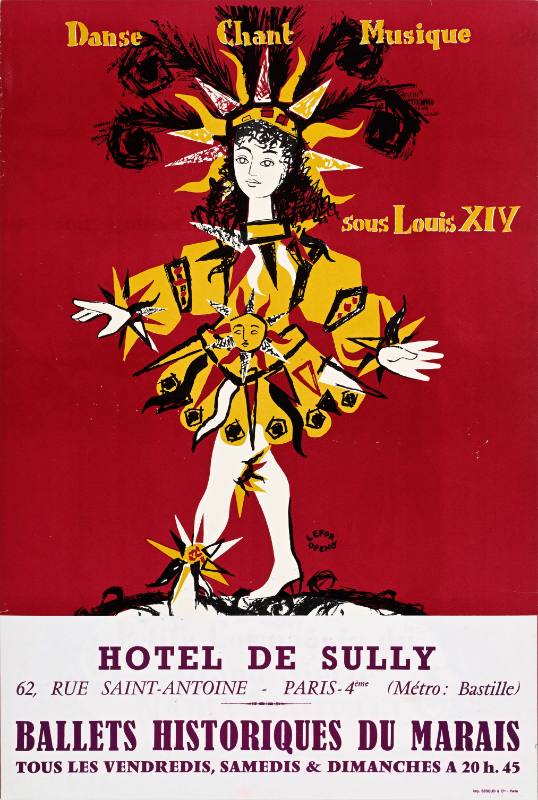 A poster of a ballet dancer in a sun costume on a red and white background