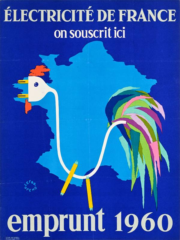A poster of a chicken with an electrical plug forming its head