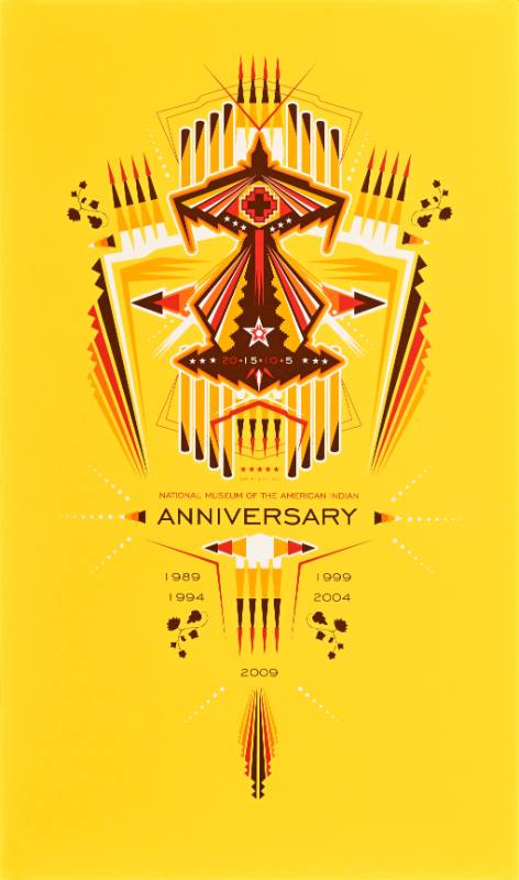 A poster of a geometric design on a yellow background