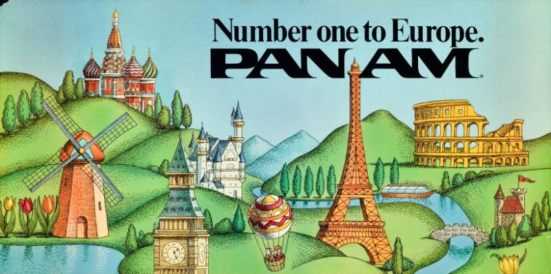 A poster of a landscape full of cartoon world monuments