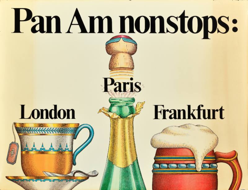 A poster of three cartoon beverages below the names of cities