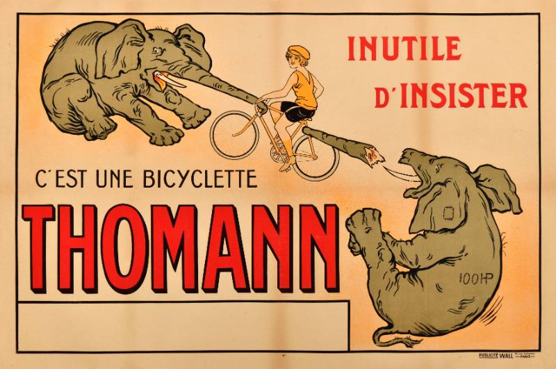 A poster of a child on a bicycle being tugged in two directions by elephants