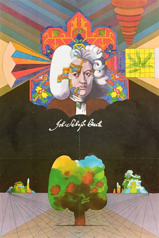 A poster of a man with a long wig on a background covered in psychedelic shapes