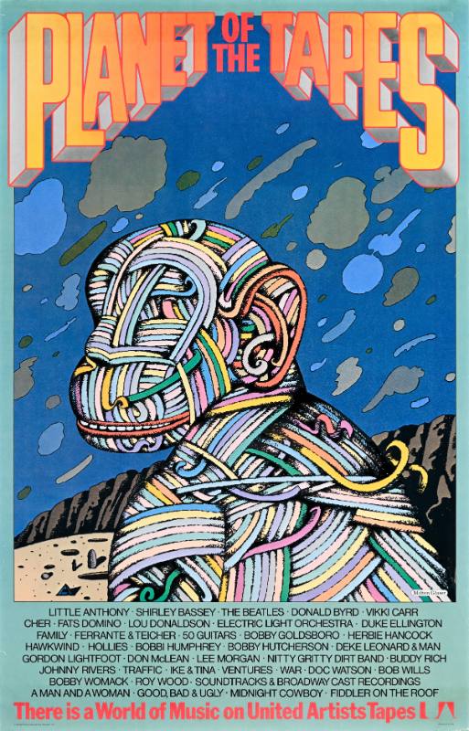 A poster of a psychedelic monkey made out of colorful tapes