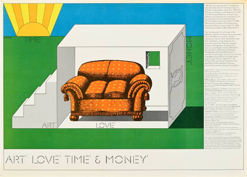 A poster of a sofa on a psychedelic green background