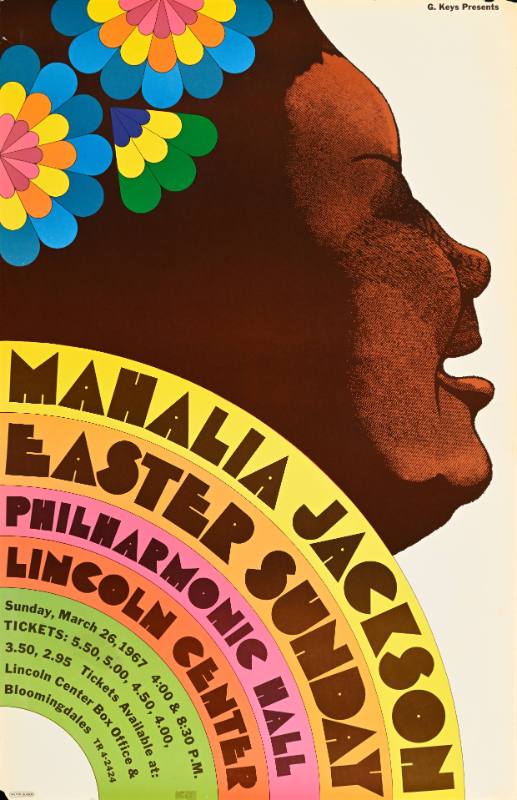 A poster of a Black woman singing above a rainbow surrounded by psychedelic flowers