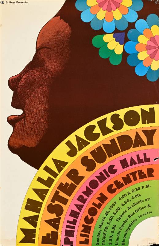 A poster of a Black woman singing above a rainbow surrounded by psychedelic flowers