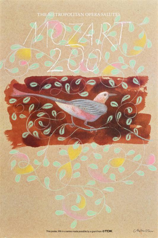 A poster of a bird in a spiraling vine below handwritten white text