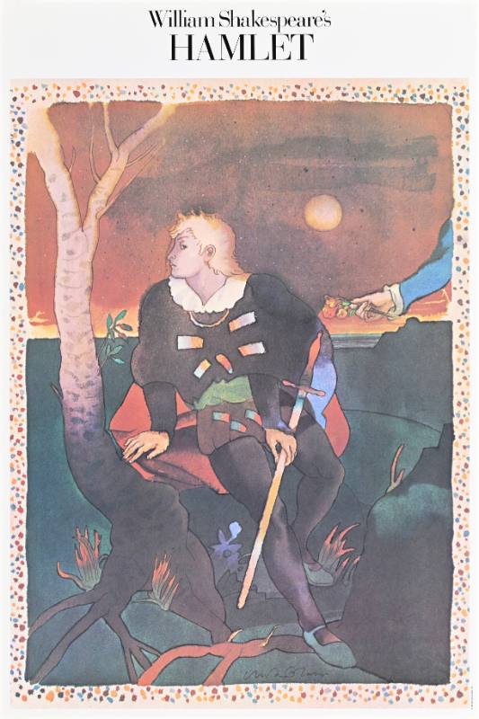 A poster of a white man leaning sullenly against a tree branch holding a sword