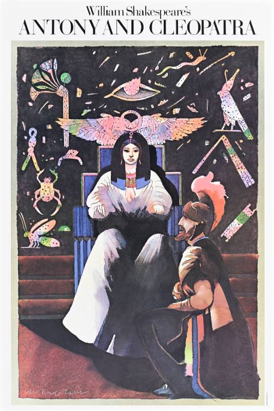 A poster of a man in a Roman military uniform kneeling before an Egyptian queen