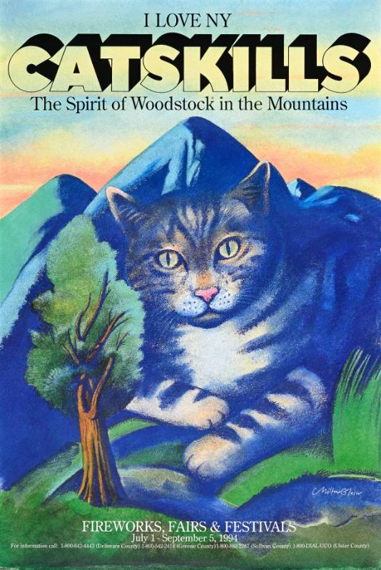 A poster of a cat coming out of a mountain surrounded by trees