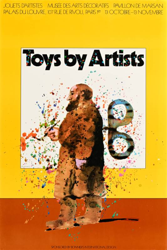 A poster of a painter with a wind up gear coming out of his back