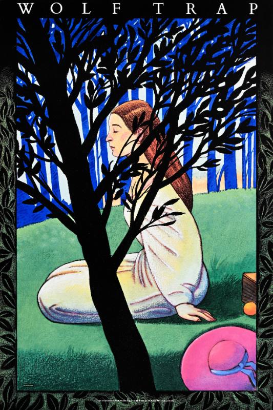 A poster of a white woman sitting peacefully in a forest