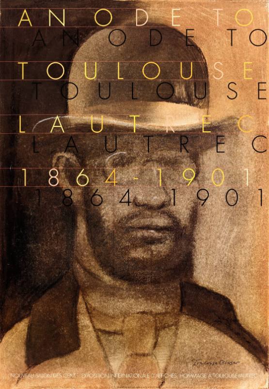 A poster of a drawing of a man in a bowler hat with text layered on top of it