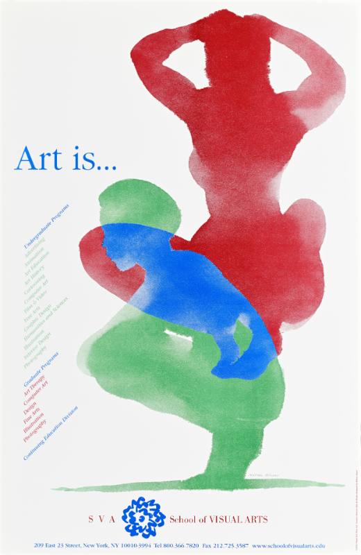 A poster of a multicolored layered shadow of a man crouching and a woman holding her hands over her head