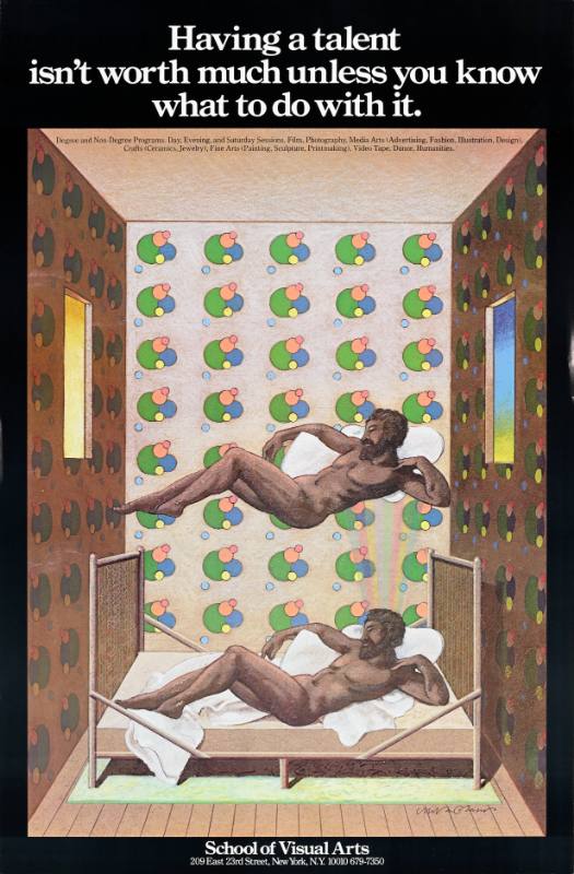 A poster of a nude man floating in and above a bed with a geometric wallpaper behind him