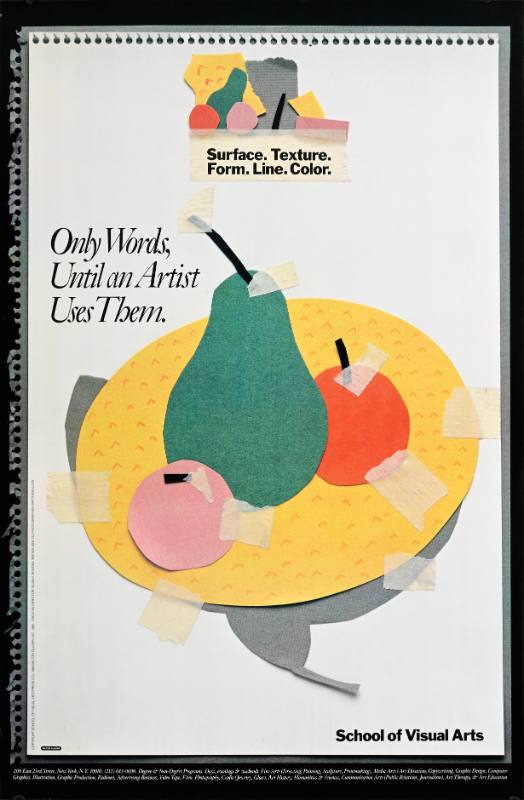 A poster of a bowl of fruit made out of paper taped together