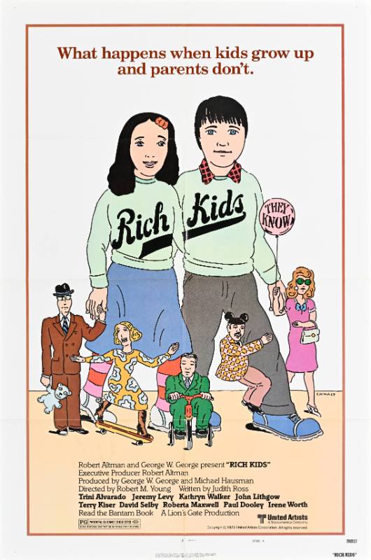 A poster of a pair of children above a crowd of adults behaving like children