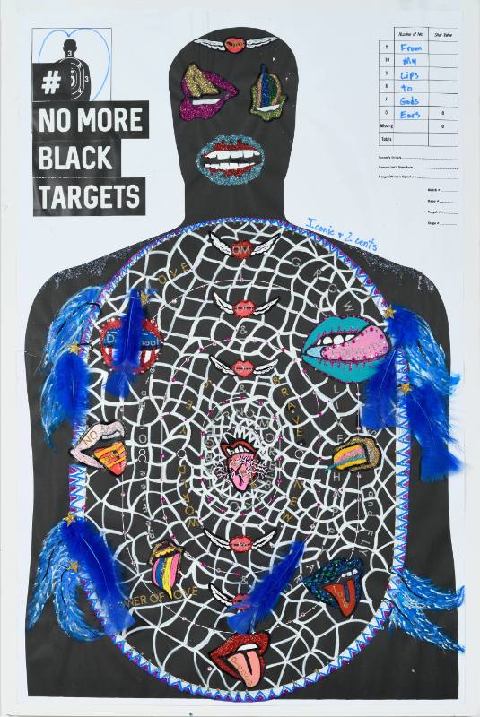 A poster of a practice target for shooting shaped like a man covered in colorful paint