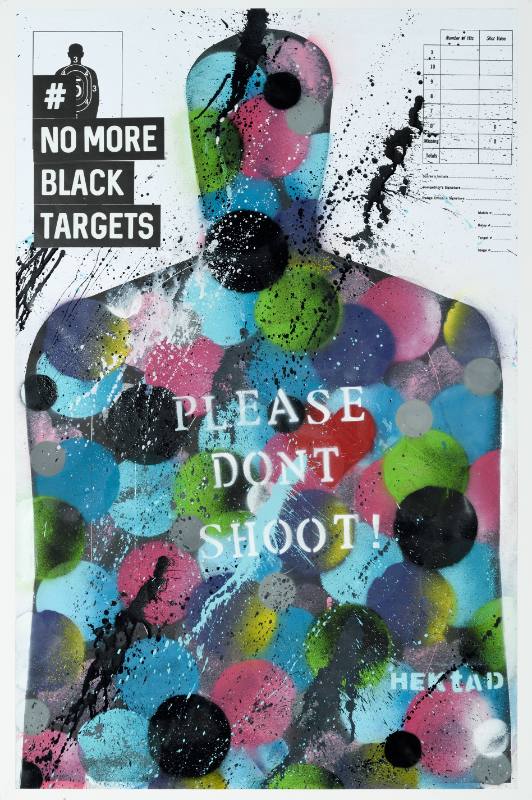 A poster of a practice target for shooting shaped like a man covered in colorful paint