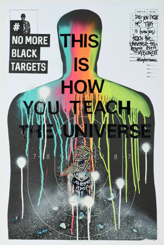 A poster of a practice target for shooting shaped like a man covered in colorful paint