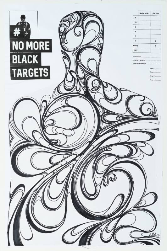 A poster of a practice target for shooting shaped like a man covered in colorful paint