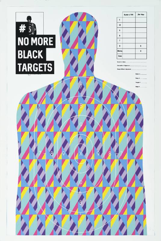 A poster of a practice target for shooting shaped like a man covered in colorful paint