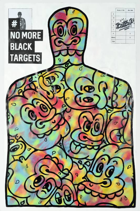 A poster of a practice target for shooting shaped like a man covered in colorful paint