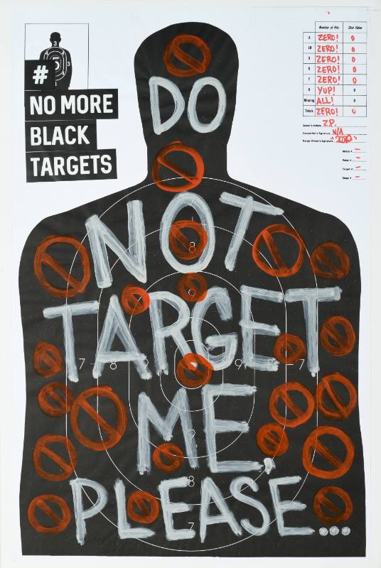 A poster of a practice target for shooting shaped like a man covered in colorful paint