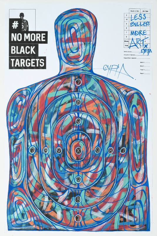 A poster of a practice target for shooting shaped like a man covered in colorful paint