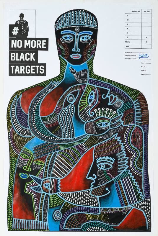 A poster of a practice target for shooting shaped like a man covered in colorful paint