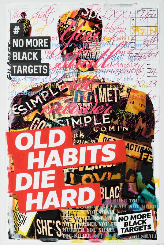 A poster of a practice target for shooting shaped like a man covered in colorful paint