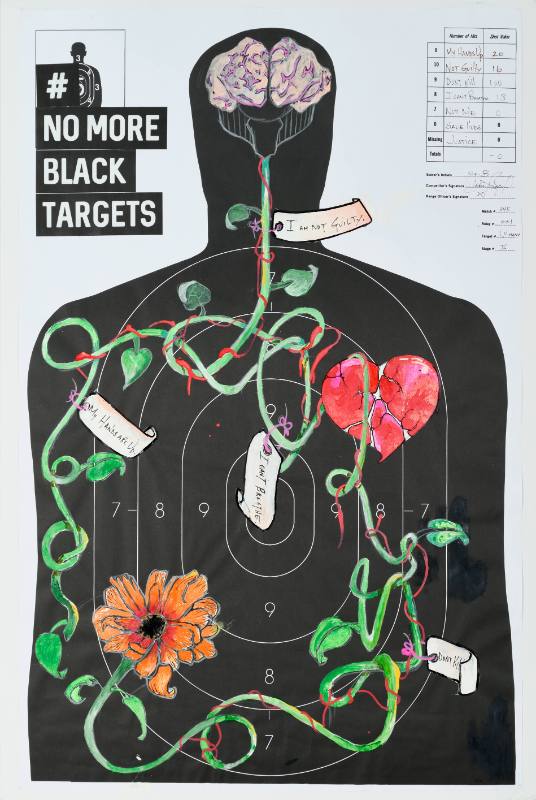 A poster of a practice target for shooting shaped like a man covered in colorful paint