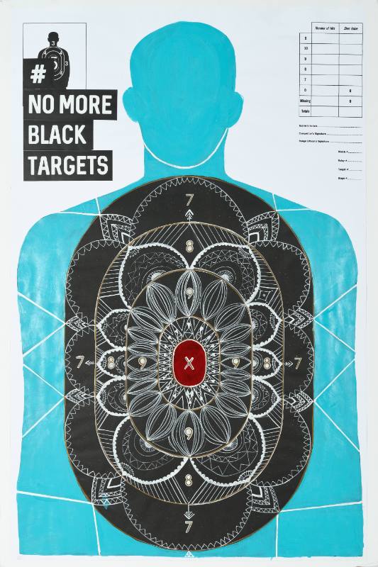 A poster of a practice target for shooting shaped like a man covered in colorful paint