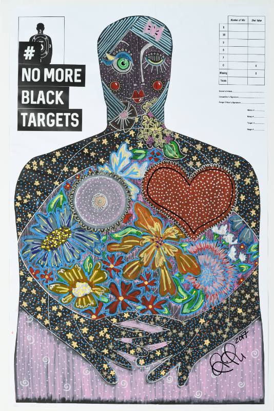 A poster of a practice target for shooting shaped like a man covered in colorful paint