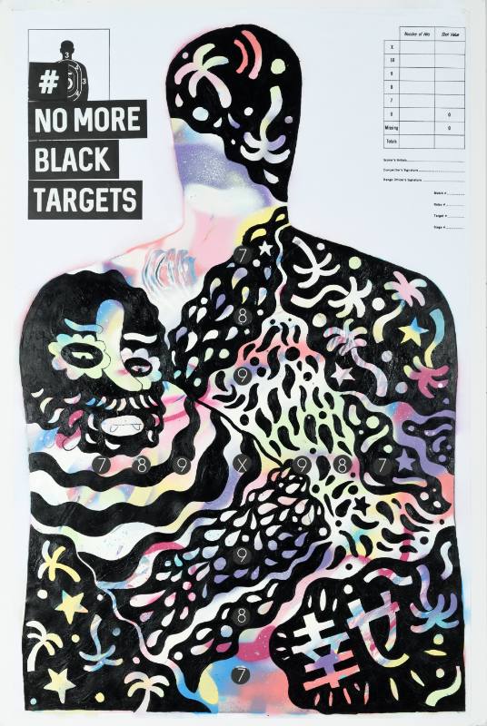 A poster of a practice target for shooting shaped like a man covered in colorful paint