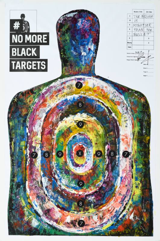 A poster of a practice target for shooting shaped like a man covered in colorful paint