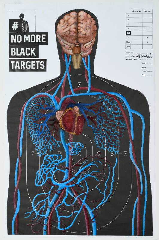 A poster of a practice target for shooting shaped like a man covered in colorful paint