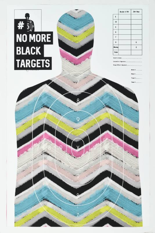 A poster of a practice target for shooting shaped like a man covered in colorful paint