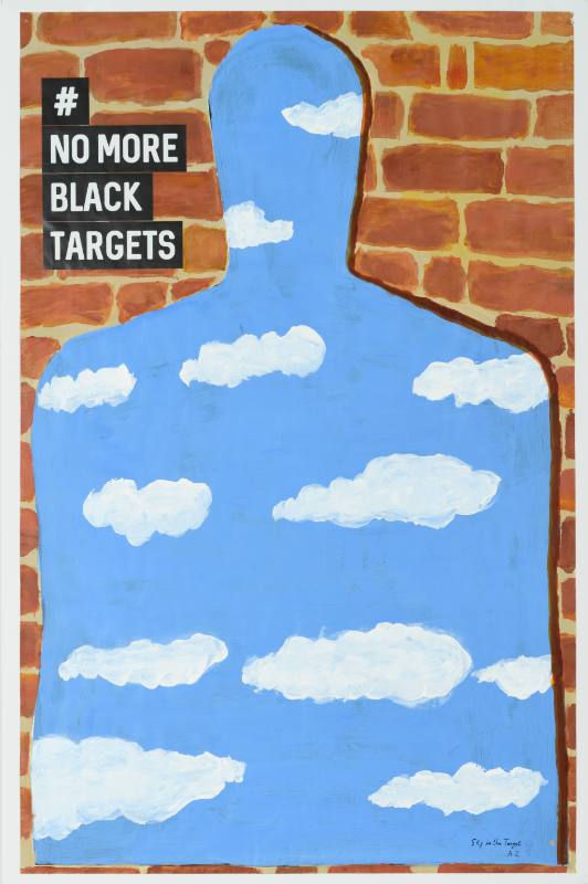 A poster of a practice target for shooting shaped like a man covered in colorful paint